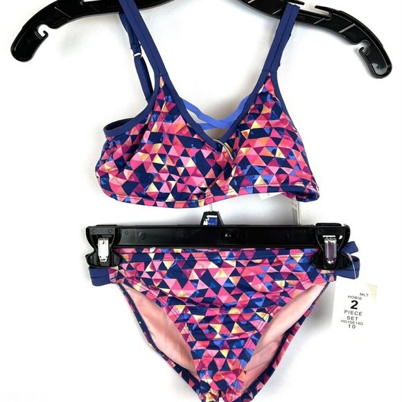Hobie Girl’s Strappy Bralette Bikini Top Blue/Pink And Hipster Bottom Size 10